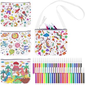 Cosblank 4 Sets Color Your Own Crossbody Bags Coloring Crafts for Boys Girls 4 Washable Canvas Pouch Bag with 48 Colorful Markers Reusable DIY Gift for Birthday Party Favor Supplies, 4 Designs
