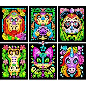 Stuff2Color Amazing Animals - 6 Pack of Fuzzy Black Velvet Coloring Posters - (Great for Kids, Adults, Group Activities) - Includes Unicorn, Panda, Cat, Otter, Gorilla, Gator (Arts and Crafts Fun)