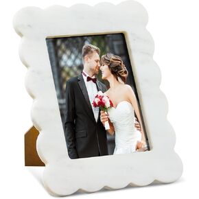 Yalikop Scalloped Marble Frame Marble Picture Frame Display Photos Frame Tabletop Display White Frame Home Picture Frame with Acrylic Transparent Board Decor for Bookshelf Table Home(4 x 6 Inches)