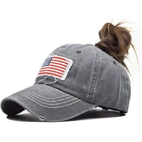 IZUS Ponytail-Baseball-Hats for Womens Distressed-American-Flag-Embroidered-Caps Washed-Cotton Trucker Dad-Hat for Adult