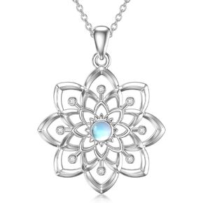 POTOPYY Lotus Necklace S925 Sterling Silver Yoga Lotus Flower Pendant Necklace, Lotus Moonstone Opal Abalone Pendant Yoga Lotus Jewelry, Mothers Day Birthday Xmas Gifts for Women Girls Lotus Lovers