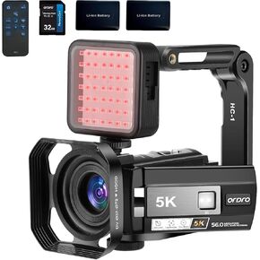 ORDRO 5K Night Vision Camcorder 30MP 24FPS Vlogging Camera 3.0" IPS Touch Screen Digital Camera with IR Light,Remote Control, Handheld Holder,32G SD Card