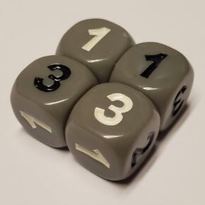 4X Grey 1-3 14mm Dice (6 Sided Dice with 1-3 in Black & 1-3 in White) Use as a d3 or Heads & Tails Dice