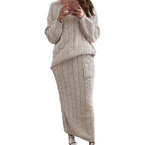 Sexyshine Women's Cable Knit Long Skirt 2 Piece Outfit Chunky Oversized Pullover Sweater Top and Long Pencil Skirt Sets