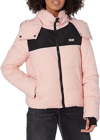 سترة نسائية منتفخة بشعار Colorblock من DKNY مع سترة قابلة للإزالة in Kuwait