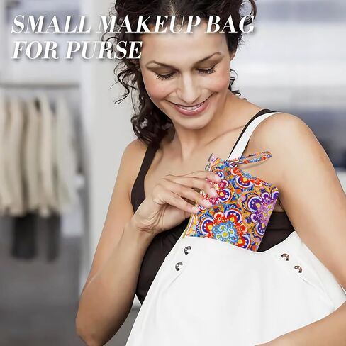 Makeup Bag Small Cosmetic Bag for Purse Travel Mini Make up Bags for Women Zipper Compact Makeup Pouch White Flower in Kuwait