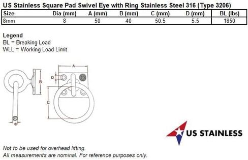 US Stainless Stainless Steel 316 Square Pad Swivel Eye with Ring 5/16" 8mm Marine Grade in Saudi Arabia