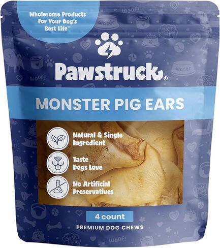 Pawstruck Natural Monster Pig Ears for Dogs - Premium Slow Roasted Puffed Pork Chew Treats for Large & Medium Breeds - Single Ingredient 100% Digestible Rawhide Free - 4 Count - Packaging May Vary in Kuwait