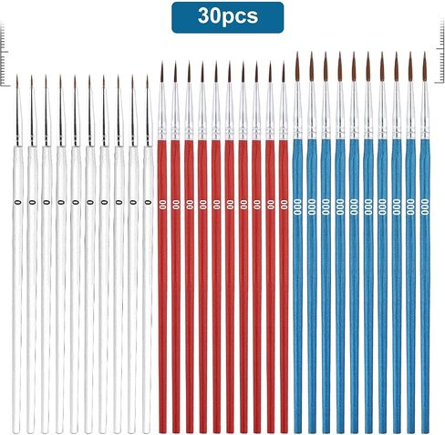 30pcs Tiny Detail Paint Brushes, Fine Paint Brush with 3 Sizes #0#00#000 Small Liner Tip Paint Brush for Crafts Watercolor Acrylics Oil Face Art Miniature Painting(White, Red, Blue) in Saudi Arabia