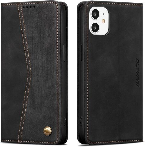 QLTYPRI Wallet Case for iPhone 12 iPhone 12 Pro [6.1 Inch], Vintage Folio PU Leather Case with Card Slots Magnetic Closure Kickstand Flip Shockproof Phone Cover for iPhone 12/12 Pro - Black in Saudi Arabia
