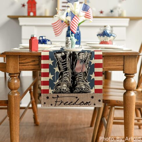 Artoid Mode Stripes Stars Boots Freedom 4th of July Patriotic Memorial Day Table Runner, Independence Day Holiday Kitchen Dining Table Decor for Indoor Outdoor Home Party Decoration 13 x 72 Inch in Saudi Arabia