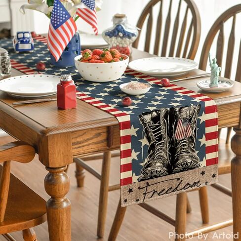 Artoid Mode Stripes Stars Boots Freedom 4th of July Patriotic Memorial Day Table Runner, Independence Day Holiday Kitchen Dining Table Decor for Indoor Outdoor Home Party Decoration 13 x 72 Inch in Saudi Arabia