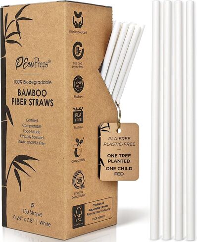 Biodegradable Bamboo Fiber Straws | 150 Count, 100% Compostable, Plastic-Free, Eco-Friendly Drinking Straws | 7.8'' Plant Fiber Disposable Straws, White Straws | Durable for Hot & Cold Drinks in Saudi Arabia