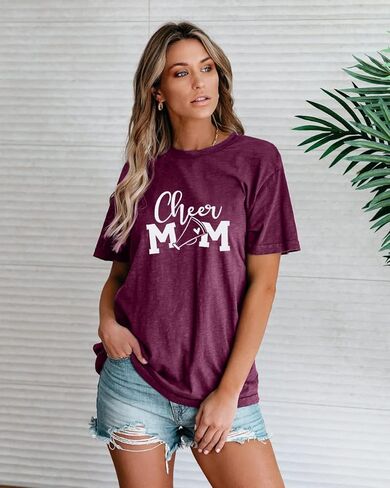 تي شيرت SUPEYA Cheer Mom للنساء مطبوع عليه حروف أمي، تي شيرت كاجوال بأكمام قصيرة in Kuwait