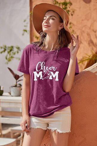 تي شيرت SUPEYA Cheer Mom للنساء مطبوع عليه حروف أمي، تي شيرت كاجوال بأكمام قصيرة in Kuwait