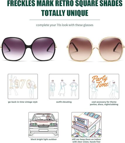 Freckles Mark 70s Super Oversize Square Sunglasses for Women Vintage Rectangular Plastic Frame in Kuwait