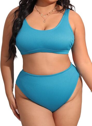 CUPSHE Plus Size Bikini Set for Women Two Pieces Swimsuit High Waisted Scoop Neck Adjustable Straps Back Hook Push Up Ribbed in Saudi Arabia