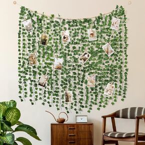Weldomcor 12 Pack Fake Ivy Vines 7.2FT Artificial Greenery Garland with Wood Beads, Faux Wall Hanging Leaves Plants for Bedroom Aesthetic Decor Living Room Wedding Party Table Home Wall Decorations