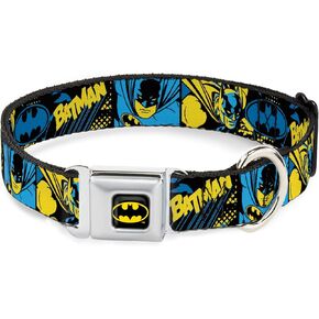 DC Comics Pet Collar, Dog Collar Metal Seatbelt Buckle, Batman Poses and Logo Collage Black Blue Yellow, 11 to 16.5 Inches 1.0 Inch Wide