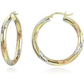 14K Gold Tri Tone Diamond Cut Round Hoop Earrings