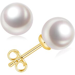 18K Gold Plated Round White Freshwater Cultured Pearl Earrings Studs for Women