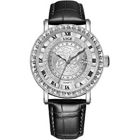 Unisex Simple Waterproof Romana Numerals Leather Band Rhinestone Bracelet Round Dial with Calendar Analog Quartz Wrist Watches Couple Watches