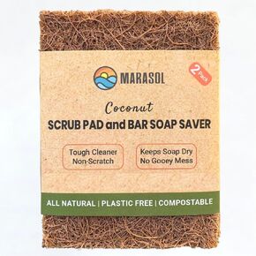 Soap Saver and Scrub Pad (2) | Coconut Fiber - Compostable | Plastic Free - Zero Waste | Bar Soap Holder | Tough Non-Scratch Scour Pad | Vegetable Brush | 2-Pack