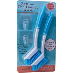 The Behind The Faucet Brush! Clean hard to reach areas in your kitchen and bathroom - Easily clean water and soap residue around The sink. Two pack includes hanging hooks for storage under The sink.