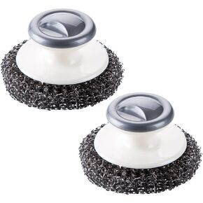 2Pcs Stainless Steel Wool Scrubber with Handle, Dish Scrubber Cleaning Supplies for Pots, Pans, Grills, Dishes