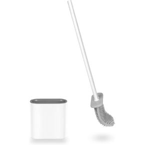 Toilet Brush and Holder Set for Bathroom, Deep-Cleaning Silicone Toilet Bowl Brush with Non-Slip Long Plastic Handle(White)
