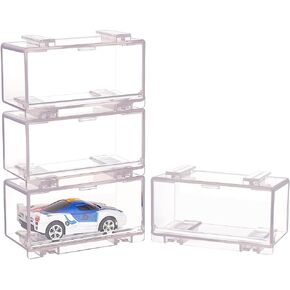 FINGERINSPIRE 4Pcs Mini Toy Model Cars Display Case 1/64 Scale Clear Tiny Stackable Matchbox Display Cabinet UV Protect Micro Plastic Display Case for Mini Toys Hot Wheels Matchbox Collectors