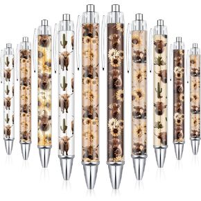 24 Pcs Highland Cow Pens Set Cute Highland Cow Print Pens Kawaii Highland Cow Gifts Floral Flower Cow Print Office Supplies Retractable Ballpoint Pens for Men Women Office Desk School Stuff