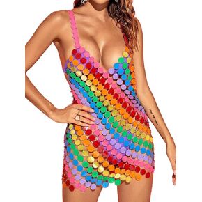 BODIY Sequin Rainbow Chainmail Dress V Neck Sleeveless Mini Dress Hollow Out Rave Bikini Body Chain Dresses for Women