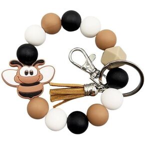 tenghong2021 Cute Highland Cow Keychain Elk Goat Wristlet Cattle Gifts Tassel Key Ring Bead Bracelet for Women Girls