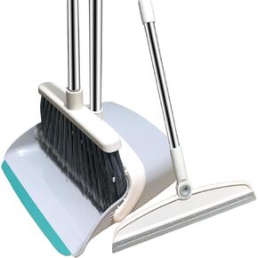 Upgrade Broom and Dustpan Set, Silicone Broom,Long Handle Broom with Upright Standing Dustpan, Squeegee - Broom for Indoor Cleaning 2+1,for Indoor Outdoor,Smooth Floors, Rugs (Green-Grey)