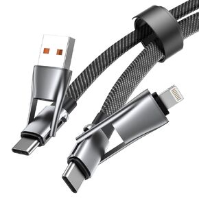 4 in 1 Multi Charging Cable, PD 60W Fast Charging USB C Multi Charger Cable, Zinc Alloy Flat Braided with Hook & Loop Fastener Charging Cords for Multiple Devices, Macbook/iPhone/Android-3.3ft
