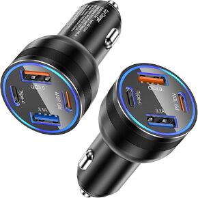 USB C Car Charger, Agtray 4-Port 65W PD/QC Fast Charging Car Charger Dual USB-C & USB-A Cigarette Lighter Type C Power Adapter Compatible for iPhone 15 14 13 12, iPad, Galaxy S24 S23 S22 (2Pack,Black)