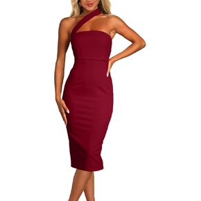 Simplee Women‘s Sexy Elegant Strapless Cocktail Midi Dress Fall Wedding Guest Ruffle Ruched Bodycon Party Dressess