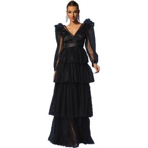 Women Sexy Sheer Mesh Polka Dot Dresses Lace Flowy Ruffle Maxi Dress with Slit