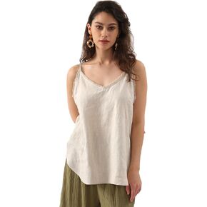Amazhiyu Women's Pure Linen Summer Camisole Sleeveless V Neck Tops with Tassels