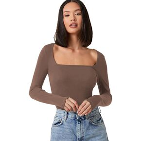Verdusa Women's Basic Square Neck Long Sleeve Solid Slim Fitted T-Shirt Top