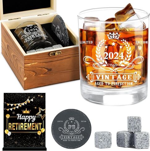 2024 Retirement Gifts for Men,2024 The Legend Has Retired-Whiskey Glass Set in Gift Box,Happy Retirement Gifts for Him,Dad,Friends- Happy Retire Anniversary Card&Wood Box & Whiskey Stones & Coaster in Kuwait