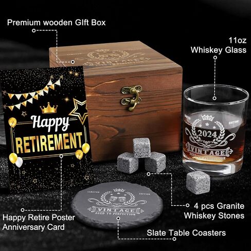2024 Retirement Gifts for Men,2024 The Legend Has Retired-Whiskey Glass Set in Gift Box,Happy Retirement Gifts for Him,Dad,Friends- Happy Retire Anniversary Card&Wood Box & Whiskey Stones & Coaster in Kuwait