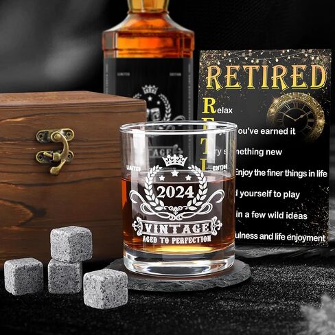 2024 Retirement Gifts for Men,2024 The Legend Has Retired-Whiskey Glass Set in Gift Box,Happy Retirement Gifts for Him,Dad,Friends- Happy Retire Anniversary Card&Wood Box & Whiskey Stones & Coaster in Kuwait
