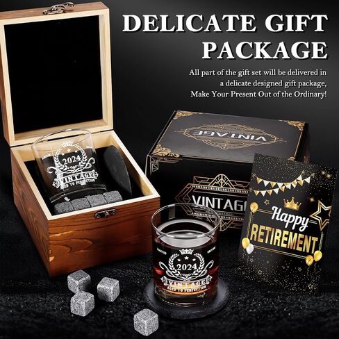 2024 Retirement Gifts for Men,2024 The Legend Has Retired-Whiskey Glass Set in Gift Box,Happy Retirement Gifts for Him,Dad,Friends- Happy Retire Anniversary Card&Wood Box & Whiskey Stones & Coaster in Kuwait