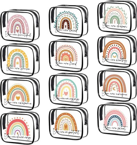 Hillban 12 قطعة قوس قزح واضح حقيبة أدوات الزينة البلاستيكية حقيبة أدوات الزينة للنساء مقاوم للماء حقيبة ماكياج القلب بوهو مستحضرات التجميل ملهمة واضحة سستة السفر الحقيبة المنظم هدية يوم تقدير الموظف (أسود) in Kuwait