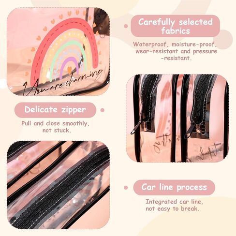 Hillban 12 قطعة قوس قزح واضح حقيبة أدوات الزينة البلاستيكية حقيبة أدوات الزينة للنساء مقاوم للماء حقيبة ماكياج القلب بوهو مستحضرات التجميل ملهمة واضحة سستة السفر الحقيبة المنظم هدية يوم تقدير الموظف (أسود) in Kuwait