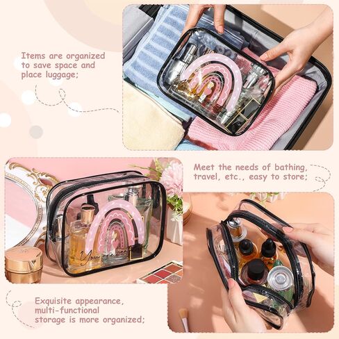 Hillban 12 قطعة قوس قزح واضح حقيبة أدوات الزينة البلاستيكية حقيبة أدوات الزينة للنساء مقاوم للماء حقيبة ماكياج القلب بوهو مستحضرات التجميل ملهمة واضحة سستة السفر الحقيبة المنظم هدية يوم تقدير الموظف (أسود) in Kuwait
