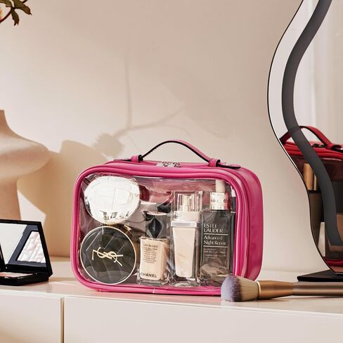 حقيبة مستحضرات تجميل شفافة من HBselect مكونة من طبقتين لأدوات الزينة للسفر وحقيبة مكياج شفافة مع سحاب وحقيبة سفر شفافة لأدوات الزينة مقاس 10 × 8 × 6 بوصة (صغير، أسود) in Kuwait