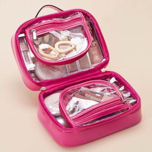 حقيبة مستحضرات تجميل شفافة من HBselect مكونة من طبقتين لأدوات الزينة للسفر وحقيبة مكياج شفافة مع سحاب وحقيبة سفر شفافة لأدوات الزينة مقاس 10 × 8 × 6 بوصة (صغير، أسود) in Kuwait